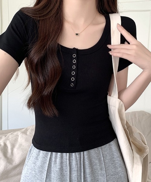 SHEENA(シーナ)の「ヘンリーネックコンパクトフィットTシャツ(Tシャツ/カットソー・レディース・ブラック/チャコールグレー/ライトグレー・M)」の9枚目の写真