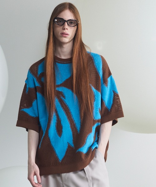 MAISON SPECIAL(メゾンスペシャル)の「《UNISEX》Flower Pattern Mesh Jacquard Prime-Over Short Sleeve Knit T-shirt/フラワーパターンメッシュジャガードプライムオーバーショートスリーブニットTシャツ【MAISON SPECIAL/メゾンスペシャル】(Tシャツ/カットソー・メンズ・オレンジ/ブラック/ブルー・0/1/2)」の3枚目の写真