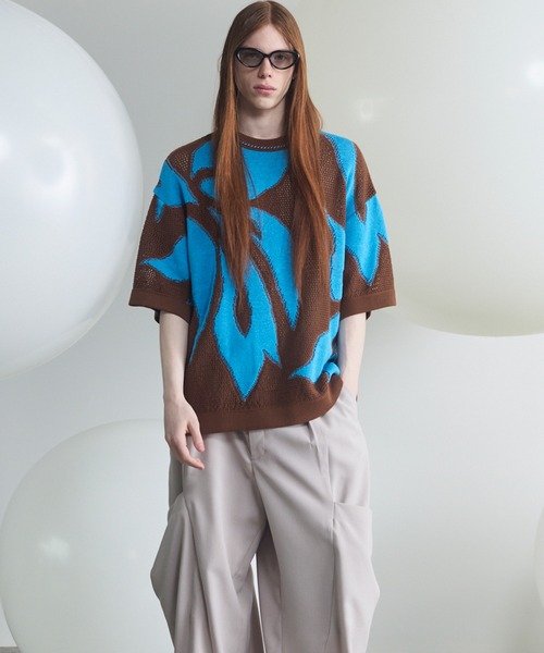 UNISEX》Flower Pattern Mesh Jacquard Prime-Over Short Sleeve Knit