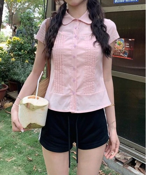 MAISON DE THERESE（メゾン ド テレーズ）の「レディースピンタック半袖ブラウス（シャツ/ブラウス・レディース・White/PINK・M）」の3枚目の写真