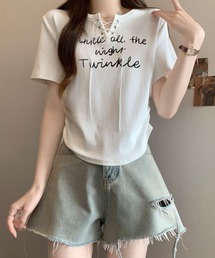 レースアップロゴリブTシャツ レディース 半袖 トップス 韓国風