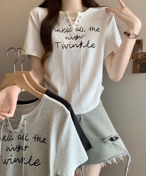2ly2(トゥーリートゥー)の「レースアップロゴリブTシャツ レディース 半袖 トップス 韓国風(Tシャツ/カットソー・レディース・ダークグレー/ホワイト/ライトグレー・FREE)」の5枚目の写真