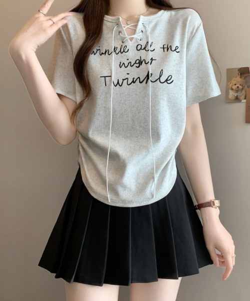 2ly2(トゥーリートゥー)の「レースアップロゴリブTシャツ レディース 半袖 トップス 韓国風(Tシャツ/カットソー・レディース・ダークグレー/ホワイト/ライトグレー・FREE)」の20枚目の写真