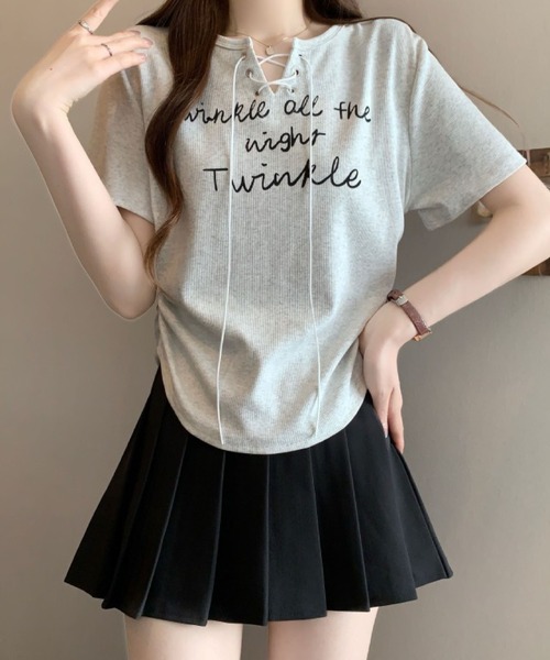 2ly2(トゥーリートゥー)の「レースアップロゴリブTシャツ レディース 半袖 トップス 韓国風(Tシャツ/カットソー・レディース・ダークグレー/ホワイト/ライトグレー・FREE)」の21枚目の写真