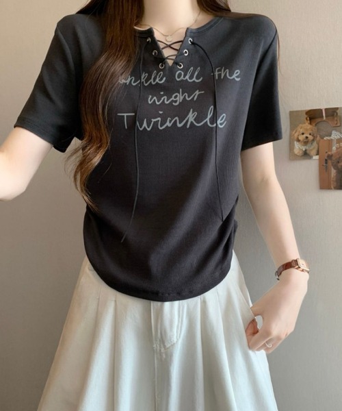 2ly2(トゥーリートゥー)の「レースアップロゴリブTシャツ レディース 半袖 トップス 韓国風(Tシャツ/カットソー・レディース・ダークグレー/ホワイト/ライトグレー・FREE)」の11枚目の写真