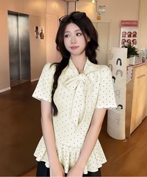 オフホワイトドットウエスト絞り半袖シャツ