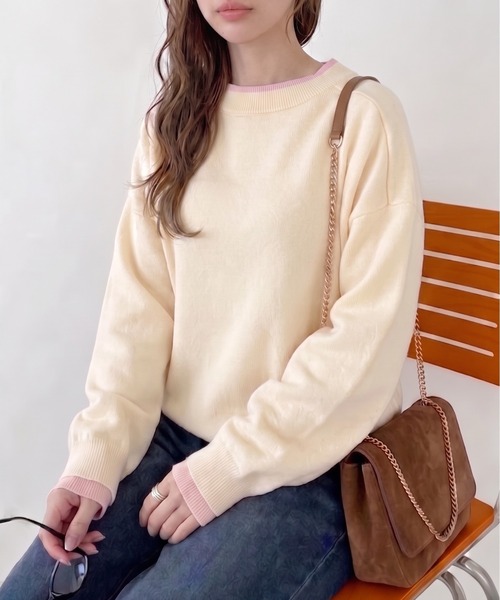 Ada.(エイダ)の「配色レイヤード スウェットライクニット(ニット/セーター・レディース・ブラウン/オフホワイト/ブラック・FREE)」の2枚目の写真