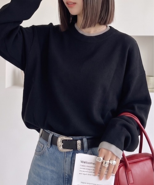 Ada.(エイダ)の「配色レイヤード スウェットライクニット(ニット/セーター・レディース・ブラウン/オフホワイト/ブラック・FREE)」の1枚目の写真
