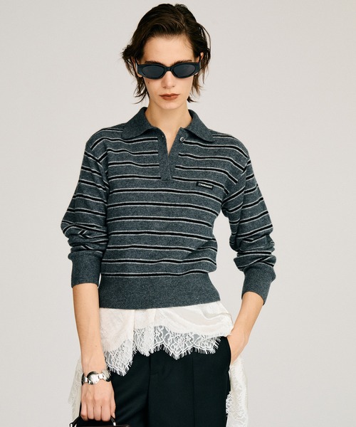 PRANK PROJECT（プランクプロジェクト）の「【2026Autumn Pre-Order】ボーダーニットポロ / Border Knit Polo（ニット/セーター・レディース・グレー/ホワイト/ボルドー・FREE）」の2枚目の写真