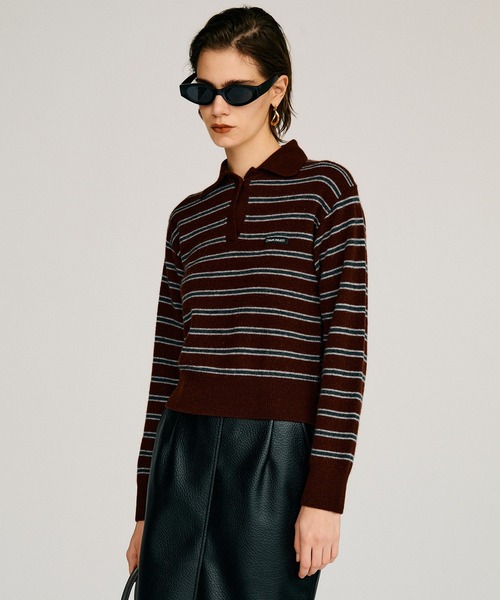 PRANK PROJECT（プランクプロジェクト）の「【2026Autumn Pre-Order】ボーダーニットポロ / Border Knit Polo（ニット/セーター・レディース・グレー/ホワイト/ボルドー・FREE）」の3枚目の写真