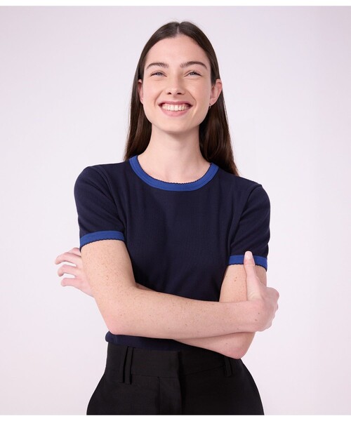 PETIT BATEAU(プチバトー)の「2×2リブ編み半袖Tシャツ(Tシャツ/カットソー・レディース・グリーン/ネイビー・X-SMALL/SMALL/MEDIUM/LARGE/XX-SMALL)」の1枚目の写真
