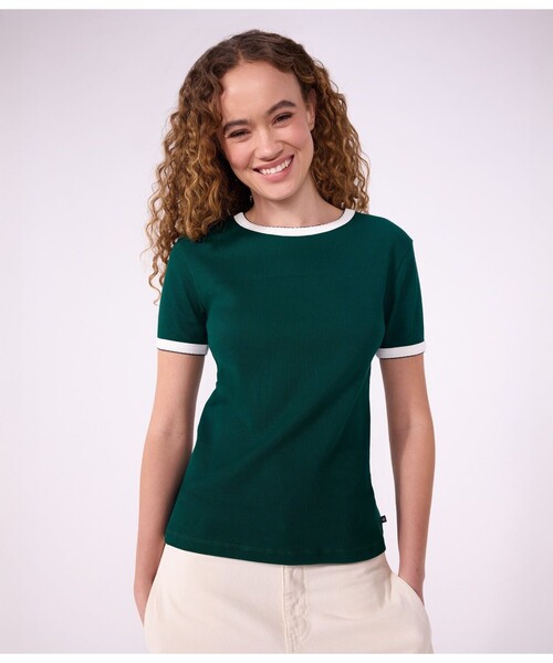 PETIT BATEAU(プチバトー)の「2×2リブ編み半袖Tシャツ(Tシャツ/カットソー・レディース・グリーン/ネイビー・X-SMALL/SMALL/MEDIUM/LARGE/XX-SMALL)」の2枚目の写真