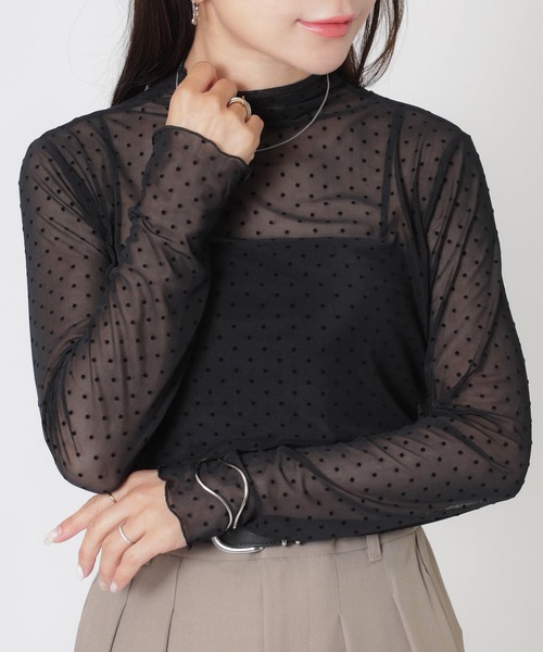 Riberry(リベリー)の「ドットシアーチュール長袖トップス(Tシャツ/カットソー・レディース・オフホワイト/ブラウン/ブラック・MEDIUM)」の2枚目の写真