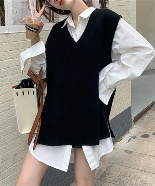 Beststore(ベストストア)の「Vネック ニットベスト レディース オーバーサイズ サイドスリット 深Vネック 重ね着 トップス(ベスト・レディース・ライトグレー/ベージュ/ブラック/ブラウン/ダークグレー・FREE)」の12枚目の写真