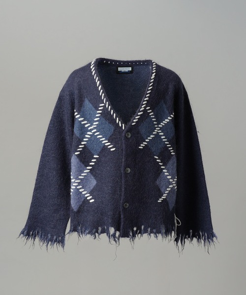 MAISON SPECIAL(メゾンスペシャル)の「《UNISEX》デストロイダメージアーガイルプライムオーバーモヘヤシャギーニットカーディガン/Distressed Damaged Argyle Prime-Over Mohair Shaggy Knit Cardigan【MAISON SPECIAL/メゾンスペシャル】(カーディガン/ボレロ・メンズ・パープル/ブラック・2/1/0)」の12枚目の写真