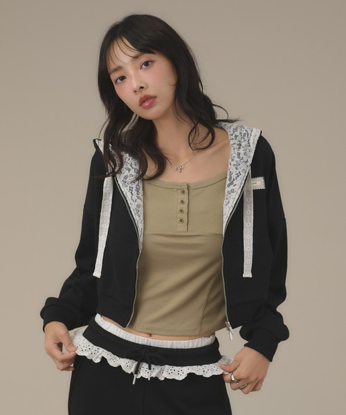 apres jour mignon(アプレジュールミニョン)の「【SETUP着用可能】レース付きパーカー(パーカー・レディース・杢グレー/ブラウン系その他/ブラック・ショート/ロング)」の5枚目の写真