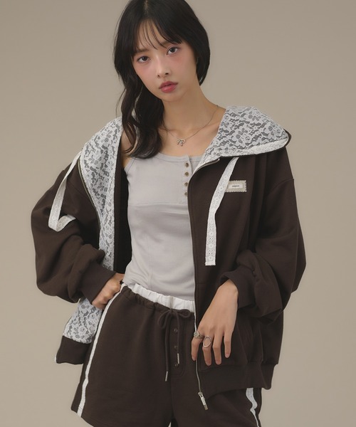 apres jour mignon(アプレジュールミニョン)の「【SETUP着用可能】レース付きパーカー(パーカー・レディース・杢グレー/ブラウン系その他/ブラック・ショート/ロング)」の12枚目の写真