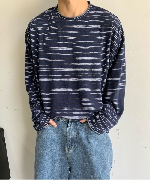 DOUBLE STEAL（ダブルスティール）の「DSルーズフィット細ボーダートップス（Tシャツ/カットソー・メンズ・グレー/ネイビー・LARGE/MEDIUM/X-LARGE）」の2枚目の写真