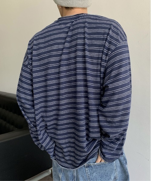 DOUBLE STEAL（ダブルスティール）の「DSルーズフィット細ボーダートップス（Tシャツ/カットソー・メンズ・グレー/ネイビー・LARGE/MEDIUM/X-LARGE）」の5枚目の写真