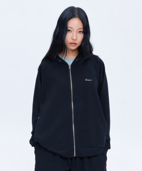DAUSPICE(ディーオスピス)の「DUC ワッフル リラックスフィット ジップアップフーディー ブラック(パーカー・レディース・ブラック・ONE SIZE)」の1枚目の写真