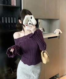 クロシェ編み コットン長袖 ニットトップス