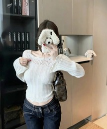 クロシェ編み コットン長袖 ニットトップス
