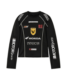 Women Racing Artwork Half Neck Crop Long Sleeve Black