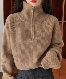 ハーフジップ ニットトップス ざっくり編み ハイネック ショート丈 秋冬