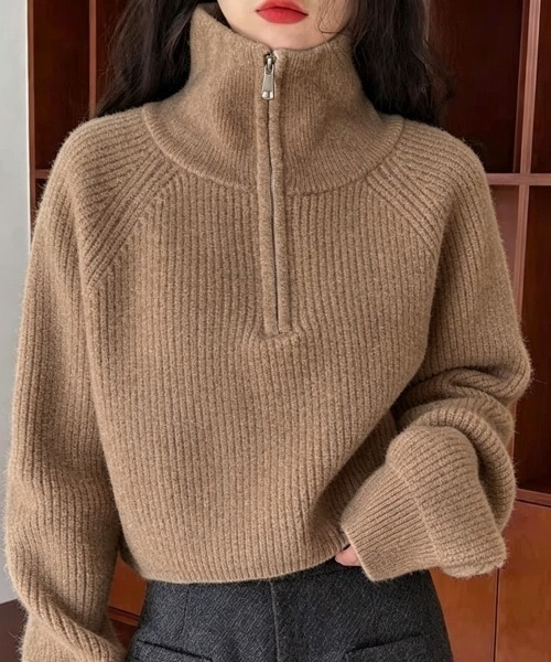 Beststore(ベストストア)の「ハーフジップ ニットトップス ざっくり編み ハイネック ショート丈 秋冬(ニット/セーター・レディース・ネイビー/チャコールグレー/キャメル/アイボリー/イエロー/オフホワイト/ブラウン/ボルドー/ブラック・FREE)」の8枚目の写真