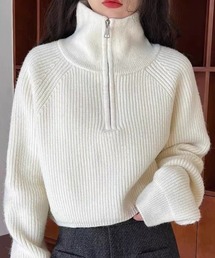 ハーフジップ ニットトップス ざっくり編み ハイネック ショート丈 秋冬
