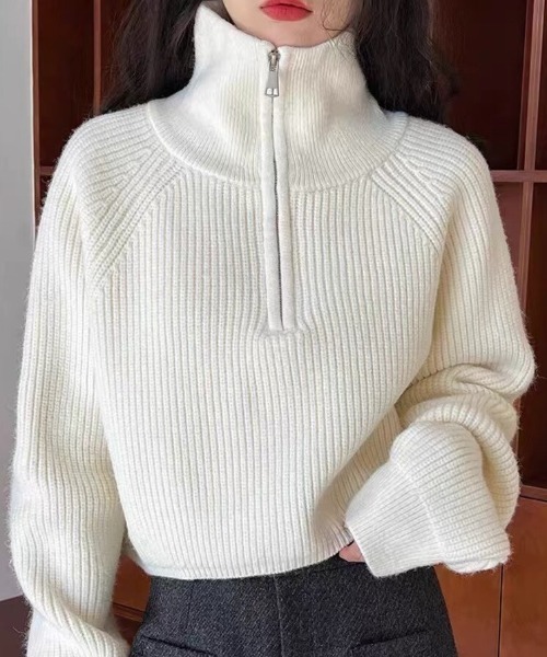 Beststore(ベストストア)の「ハーフジップ ニットトップス ざっくり編み ハイネック ショート丈 秋冬(ニット/セーター・レディース・ネイビー/チャコールグレー/キャメル/アイボリー/イエロー/オフホワイト/ブラウン/ボルドー/ブラック・FREE)」の2枚目の写真