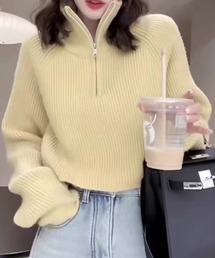 ハーフジップ ニットトップス ざっくり編み ハイネック ショート丈 秋冬