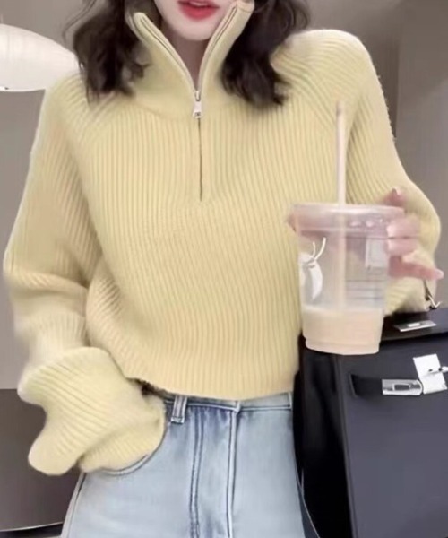 Beststore(ベストストア)の「ハーフジップ ニットトップス ざっくり編み ハイネック ショート丈 秋冬(ニット/セーター・レディース・ネイビー/チャコールグレー/キャメル/アイボリー/イエロー/オフホワイト/ブラウン/ボルドー/ブラック・FREE)」の7枚目の写真