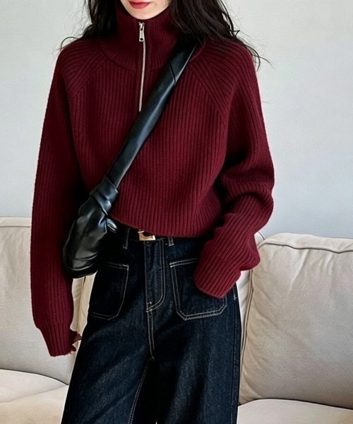 Beststore(ベストストア)の「ハーフジップ ニットトップス ざっくり編み ハイネック ショート丈 秋冬(ニット/セーター・レディース・ネイビー/チャコールグレー/キャメル/アイボリー/イエロー/オフホワイト/ブラウン/ボルドー/ブラック・FREE)」の10枚目の写真