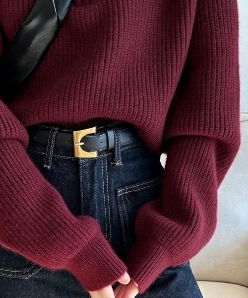 Beststore(ベストストア)の「ハーフジップ ニットトップス ざっくり編み ハイネック ショート丈 秋冬(ニット/セーター・レディース・ネイビー/チャコールグレー/キャメル/アイボリー/イエロー/オフホワイト/ブラウン/ボルドー/ブラック・FREE)」の13枚目の写真