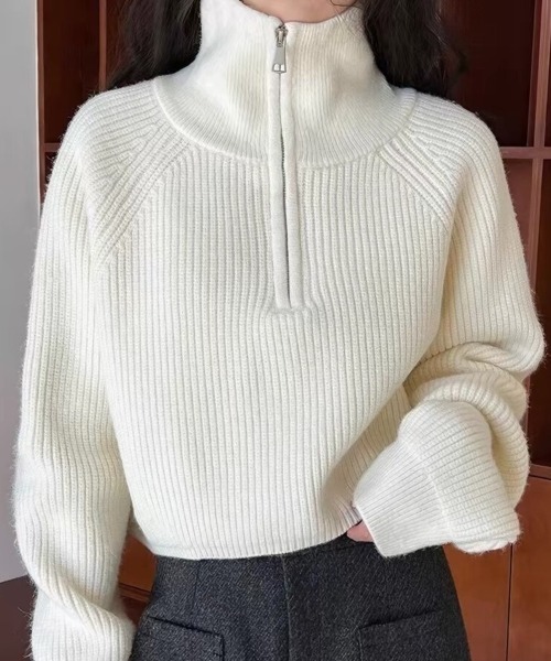 Beststore(ベストストア)の「ハーフジップ ニットトップス ざっくり編み ハイネック ショート丈 秋冬(ニット/セーター・レディース・ネイビー/チャコールグレー/キャメル/アイボリー/イエロー/オフホワイト/ブラウン/ボルドー/ブラック・FREE)」の14枚目の写真