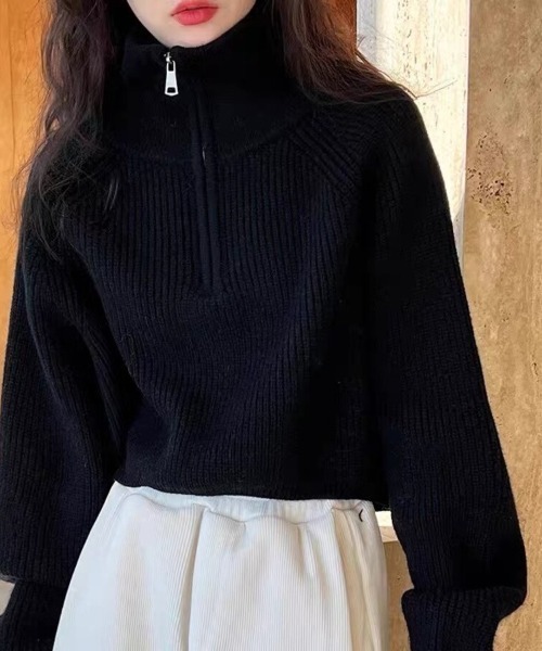 Beststore(ベストストア)の「ハーフジップ ニットトップス ざっくり編み ハイネック ショート丈 秋冬(ニット/セーター・レディース・ネイビー/チャコールグレー/キャメル/アイボリー/イエロー/オフホワイト/ブラウン/ボルドー/ブラック・FREE)」の16枚目の写真
