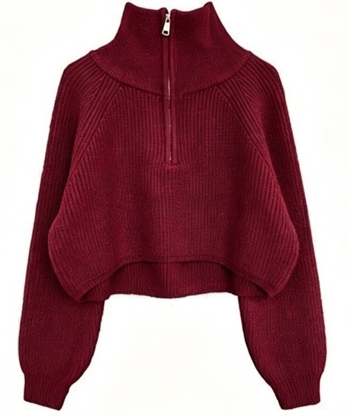 Beststore(ベストストア)の「ハーフジップ ニットトップス ざっくり編み ハイネック ショート丈 秋冬(ニット/セーター・レディース・ネイビー/チャコールグレー/キャメル/アイボリー/イエロー/オフホワイト/ブラウン/ボルドー/ブラック・FREE)」の21枚目の写真