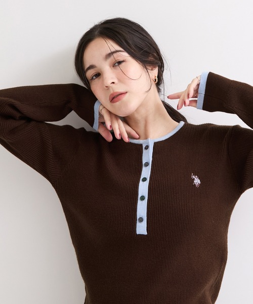 U.S. POLO ASSN.(ユーエスポロアッスン)の「【U.S. POLO ASSN. 】別注/配色ヘンリーニット(ニット/セーター・レディース・ブラウン/ネイビー/グレー・FREE)」の13枚目の写真