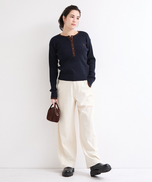 U.S. POLO ASSN.(ユーエスポロアッスン)の「【U.S. POLO ASSN. 】別注/配色ヘンリーニット(ニット/セーター・レディース・ブラウン/ネイビー/グレー・FREE)」の4枚目の写真