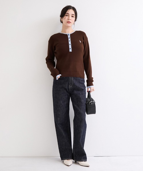 U.S. POLO ASSN.(ユーエスポロアッスン)の「【U.S. POLO ASSN. 】別注/配色ヘンリーニット(ニット/セーター・レディース・ブラウン/ネイビー/グレー・FREE)」の9枚目の写真