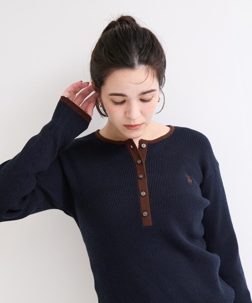 U.S. POLO ASSN.(ユーエスポロアッスン)の「【U.S. POLO ASSN. 】別注/配色ヘンリーニット(ニット/セーター・レディース・ブラウン/ネイビー/グレー・FREE)」の10枚目の写真