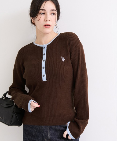 U.S. POLO ASSN.(ユーエスポロアッスン)の「【U.S. POLO ASSN. 】別注/配色ヘンリーニット(ニット/セーター・レディース・ブラウン/ネイビー/グレー・FREE)」の14枚目の写真