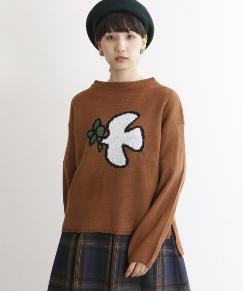 MERLOT（メルロー）の「ハトとオリーブ柄ニットプルオーバー2350（ニット/セーター・レディース・ブルーグリーン/キャメル/チェリーピンク・FREE）」の2枚目の写真