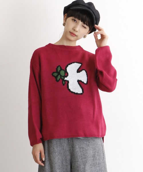 MERLOT（メルロー）の「ハトとオリーブ柄ニットプルオーバー2350（ニット/セーター・レディース・ブルーグリーン/キャメル/チェリーピンク・FREE）」の3枚目の写真