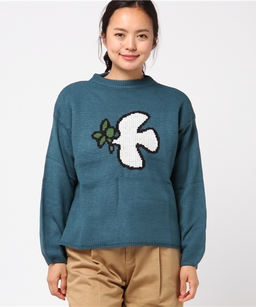 MERLOT（メルロー）の「ハトとオリーブ柄ニットプルオーバー2350（ニット/セーター・レディース・ブルーグリーン/キャメル/チェリーピンク・FREE）」の9枚目の写真