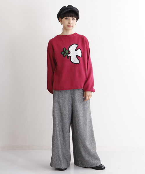 MERLOT（メルロー）の「ハトとオリーブ柄ニットプルオーバー2350（ニット/セーター・レディース・ブルーグリーン/キャメル/チェリーピンク・FREE）」の17枚目の写真