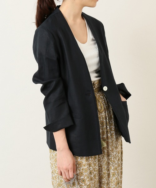 momo　美品　IENA リネンＶネックジャケット　4B 麻100% 38 セール】French Linen Vネックジャケット◇（ノーカラー