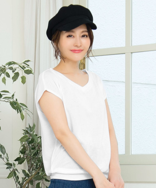 KOBE LETTUCE（コウベレタス）の「選べる[クルーネックorVネック]フレンチスリーブニットソートップス＊レディース/サマーニット[C3377]神戸レタス（ニット/セーター・レディース・ブラック/ベージュ/オフホワイト/ピンク/グリーン/マスタード/ホワイト系その他/ブラック系その他/ベージュ系その他/グリーン系その他/イエロー系その他/ピンク系その他・FREE）」の2枚目の写真