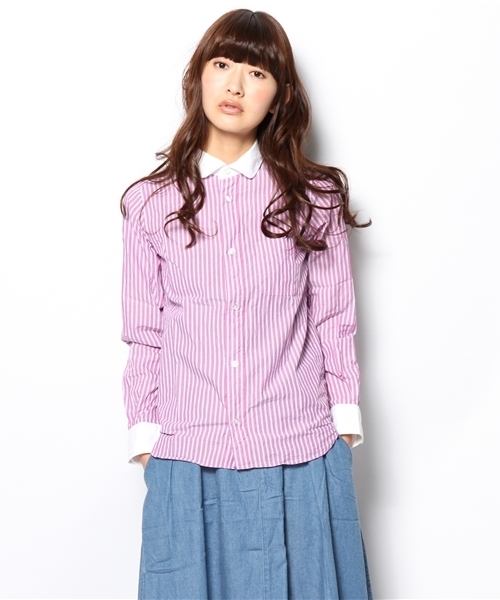 BEAMS BOY(ビームスボーイ)の「○BEAMS BOY / ストライプ ラウンド クレリック シャツ(シャツ/ブラウス・レディース・ピンク/グリーン・0/1)」の2枚目の写真